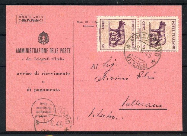 1945 - LUOGOTENENZA - LOTTO/40314 - 50 cent. LUPA CAPITOLINA - COPPIA SU RICEVUTA