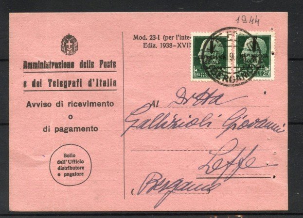 1944 - REPUBBLICA SOCIALE - LOTTO/42188 - 25 CENT. SU AVVISO RICEVIMENTO