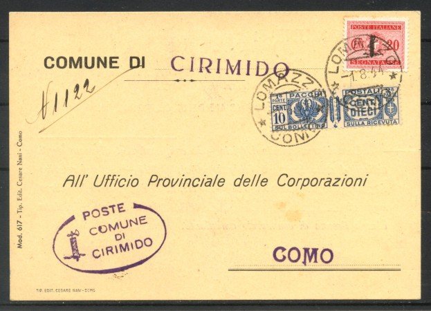 1944 - REPUBBLICA SOCIALE - LOTTO/40145 - CARTOLINA PER COMO AFFRANCATURA D'EMERGENZA