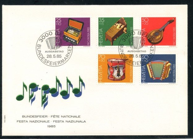 1985 - SVIZZERA - PRO PATRIA STRUMENTI MUSICALI 5v. - BUSTA FDC - LOTTO/25372
