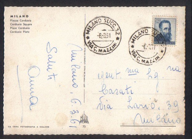 1961 - REPUBBLICA -  LBF/756 MILANO  CARTOLINA PER LA CITTA'