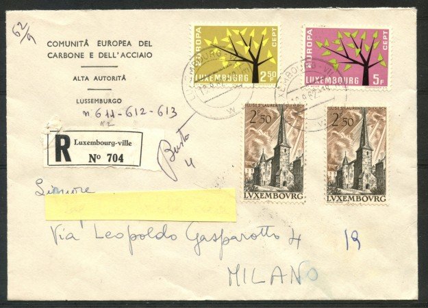 1962 - LUSSEMBURGO - BUSTA RACCOMANDATA PER MILANO - LOTTO/29555