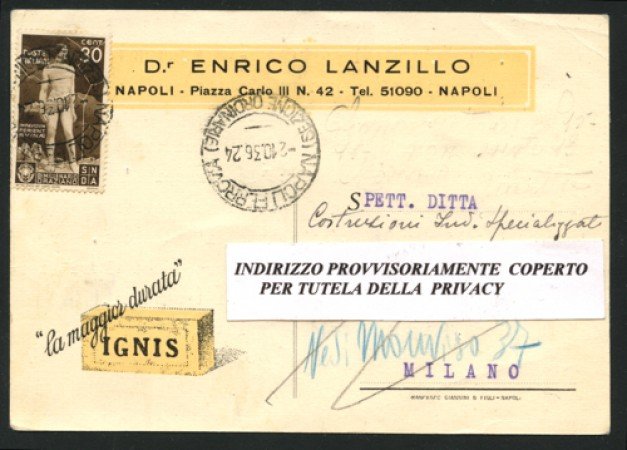 NAPOLI - 1936 - LOTTO/12465 - REGNO - 30c. BIMILLENARIO ORAZIO SU CARTOLINA COMMERCIALE VIAGGIATA