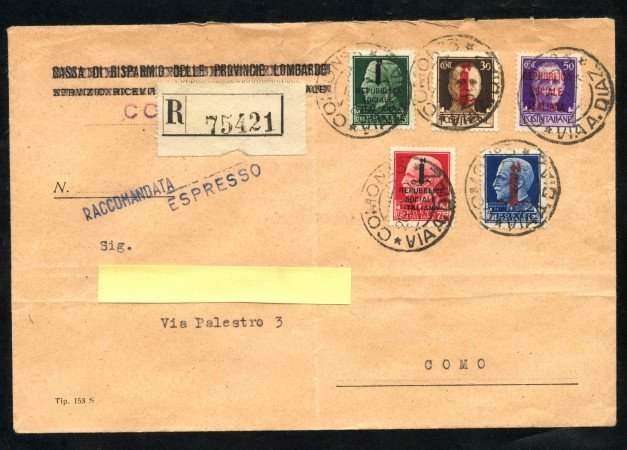 1944 - REPUBBLICA SOCIALE - SERIE SOVRASTAMPATA 5v. - BUSTA RACCOMANDATA - LOTTO/30296
