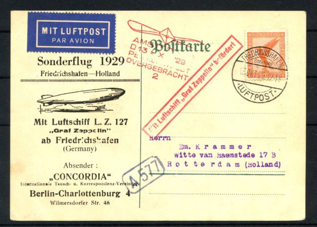 1929 - GERMANIA - LOTTO/42255 - VIAGGIO GRAF ZEPPELIN Lz. 127 IN OLANDA