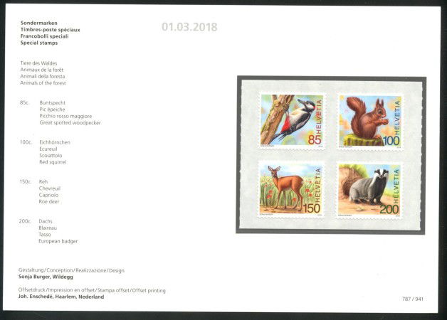 2018 - SVIZZERA - LOTTO /39725F - ANIMALI DEL BOSCO 4v. - NUOVI ADESIVI FOLDER