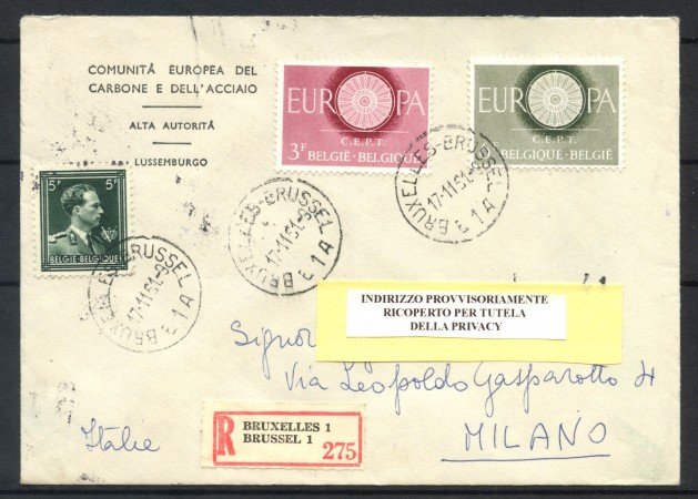 1961 - BELGIO - EUROPA 2v. - SU BUSTA RACCOMANDATA PER MILANO - LOTTO/32134