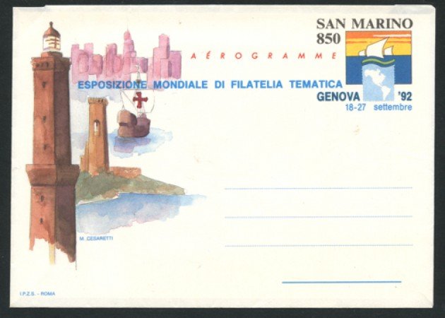 1992 - LOTTO/12229 - SAN MARINO - AEROGRAMMA 850 LIRE GENOVA 92 - NUOVO