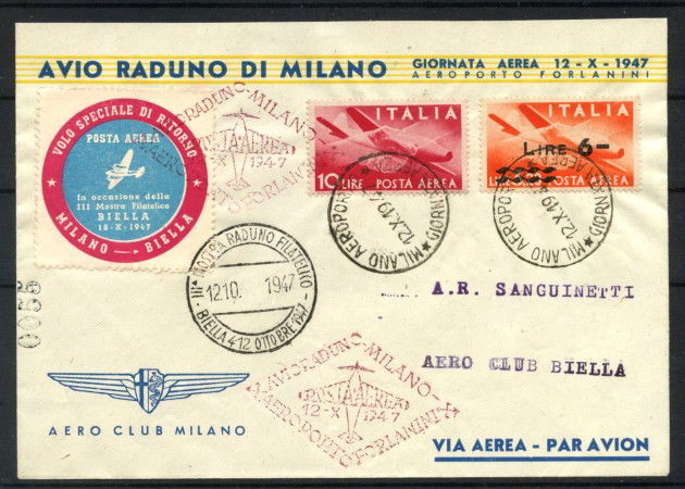 1947 - REPUBBLICA - LOTTO/40385 - BUSTA AVIO RADUNO DI MILANO 