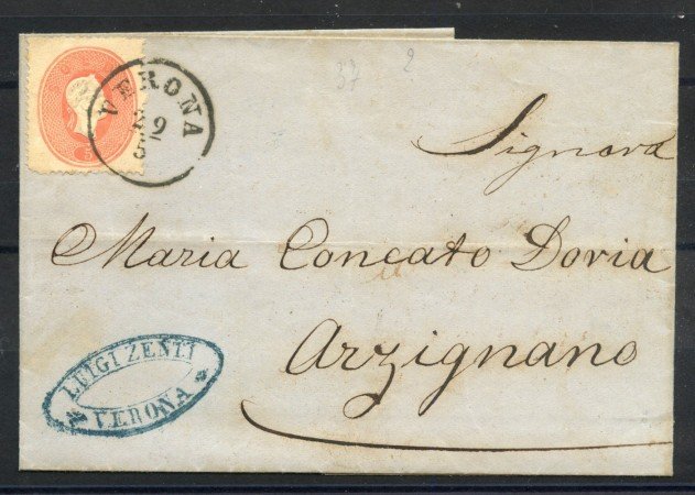 1861 - LOMBARDO VENETO - LOTTO/41037 -  5 Soldi  SU  PIEGO DA VERONA PER ARZIGNANO