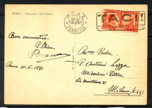 1941 - REGNO - LOTTO/42752 - CARTOLINA DA ROMA A MILANO CON ANNULLO A TARGHETTA