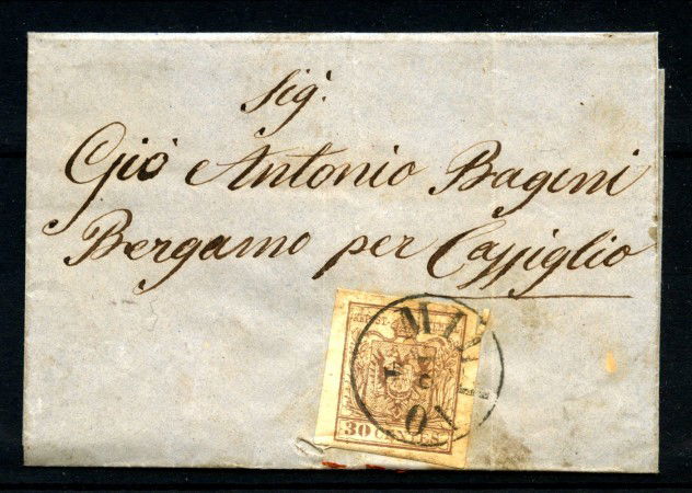 1858 - LOMBARDO VENETO - LOTTO/41034 - 30 CENTESIMI SU PIEGHEVOLE DA MILANO A CASSIGLIO