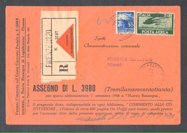 1948 - REPUBBLICA - LBF/705 - Firenze - BUSTA CONTRORIMBORSO PER VERDERIO (CO)