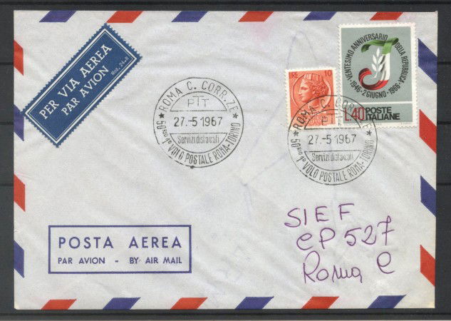 1967 - REPUBBLICA - LOTTO/42639 - 50° DEL PRIMO VOLO POSTALE ROMA -TORINO - BUSTA