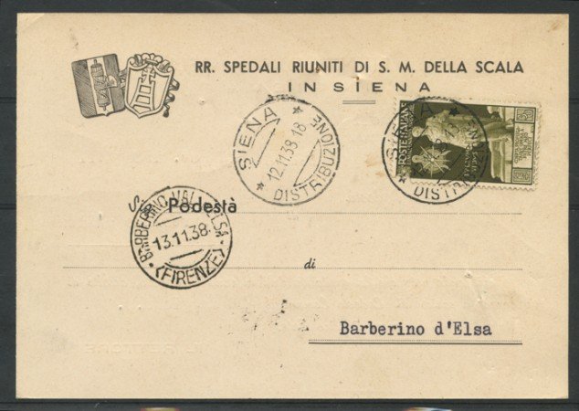 SIENA - 1938 - LOTTO/14639 - REGNO - 30c. AUGUSTO - CARTOLINA COMMERCIALE