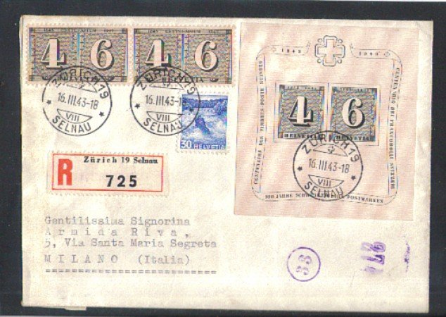 1943 - LOTTO/10617 - SVIZZERA - CENTENARIO DEL PRIMO FRANCOBOLLO - BUSTA VIAGGIATA