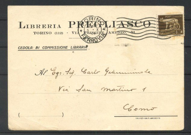 1937 - REGNO - LOTTO/42758 - CEDOLA DI COMMISSIONE LIBRARIA DA TORINO
