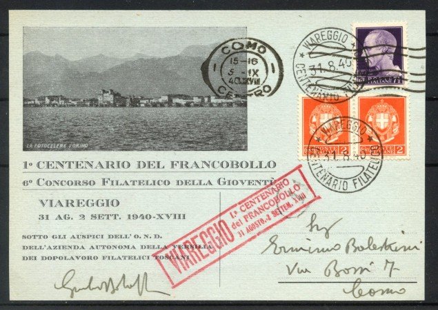 1940 - REGNO - LOTTO/40066 - VIAREGGIO CENTENARIO DEL FRANCOBOLLO - CARTOLINA UFFICIALE