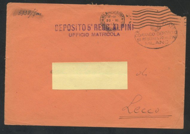 1941 - LOTTO/10801A - REGNO - BUSTA DEPOSITO 5° REGGIMENTO ALPINI