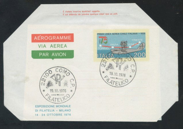 1976 - LOTTO/17071B - REPUBBLICA - ITALIA 76 AEROGRAMMA - FDC