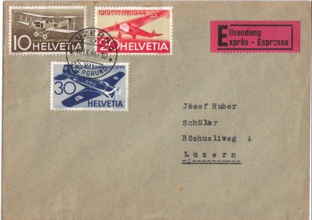 1944 - LBF/2851 -  SVIZZERA - POSTA AEREA 3v. - BUSTA VIAGGIATA