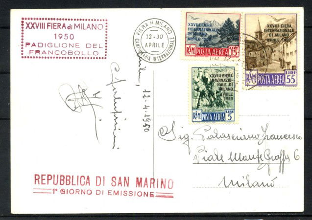1950 - SAN MARINO - LOTTO/42402 - POSTA AEREA FIERA DI MILANO - CARTOLINA FDC