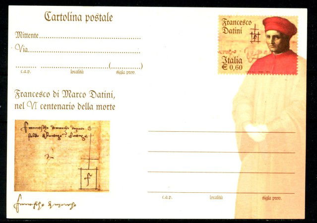 2010 - REPUBBLICA - LOTTO/42397 - CARTOLINA POSTALE DA 0,60 EURO  FRANCESCO DATINI - NUOVA