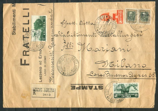 1939 - LOTTO/23747 - ERITREA - BUSTA RACCOMANDATA  DA ADDIS ABEBA A MILANO
