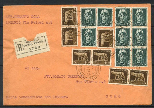 1942 - REGNO - LOTTO/42684 - BUSTA RACCOMANDATA DA SONDRIO A COMO