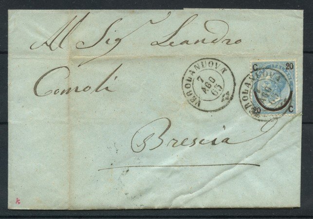 1865 - REGNO - 20c. su 15c.  EFFIGIE DETTA FERRO DI CAVALLO I° TIPO BUSTA DA VEROLANUOVA - LOTTO/20393