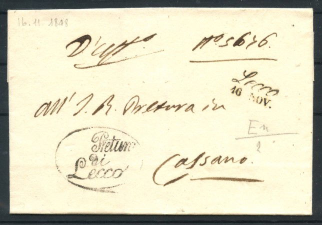 1848 - LOMBARDO VENETO - LOTTO/43205 - LETTERA DA LECCO PER CASSANO