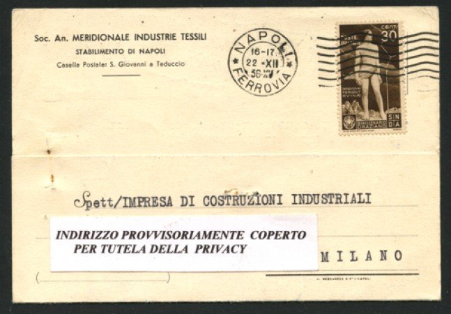 NAPOLI - 1936 - LOTTO/12464 - REGNO - 30c. BIMILLENARIO ORAZIO SU CARTOLINA VIAGGIATA