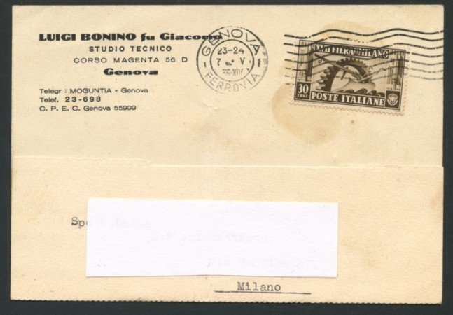 GENOVA - 1936 - LOTTO/16542 - 30 CENT. FIERA DI MILANO - ISOLATO SU CARTOLINA