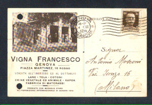 GENOVA - 1932 - LOTTO/10898 - REGNO - CARTOLINA COMMERCIALE COMMERCIO LANA COTONI