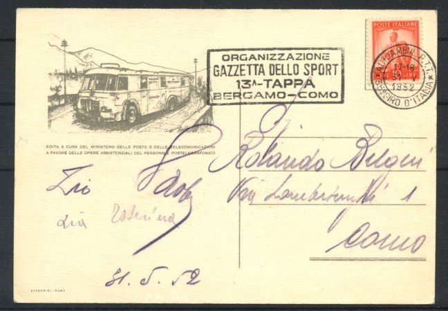 1952 - REPUBBLICA - LOTTO/41721 - 35° GIRO D'ITALIA CARTOLINA TAPPA BERGAMO- COMO