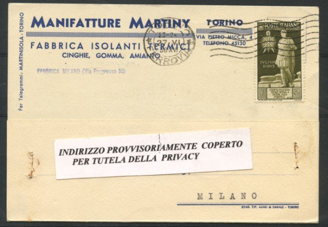 TORINO - 1938 - LOTTO/14640 - REGNO - 30c. AUGUSTO - CARTOLINA COMMERCIALE.