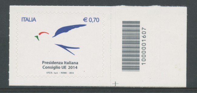 2014 - LOTTO/19157CB - REPUBBLICA - PRESIDENZA ITALIANA NUOVO CODICE A BARRE