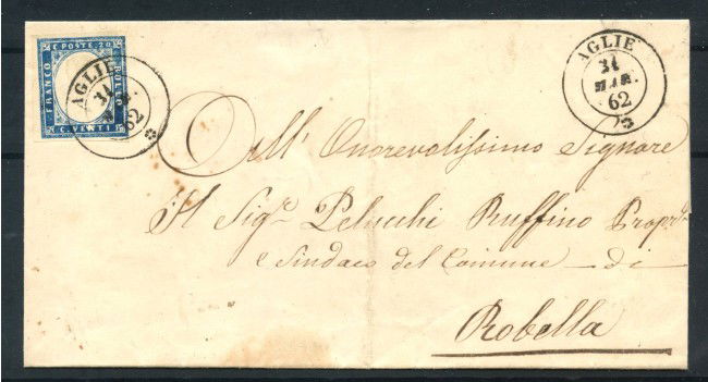 1862 - REGNO DI SARDEGNA - LOTTO/43202 - 20 cent. COBALTO SU BUSTA DA AGLIE
