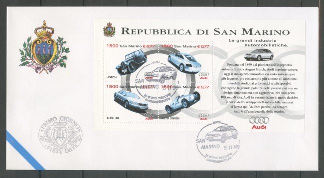 1999 - SAN MARINO - AUTOMOBILI AUDI  FOGLIETTO - BUSTA FDC - LOTTO/31791