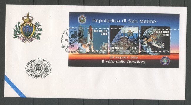 1998 - SAN MARINO - LA BANDIERA NELLO SPAZIO. FOGLIETTO - BUSTA FDC - LOTTO/31793