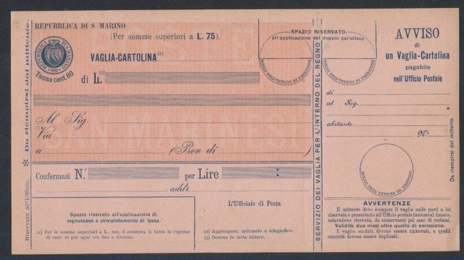 1903 - LOTTO/2493 - S. MARINO - CARTOLINA VAGLIA 80c. ROSA