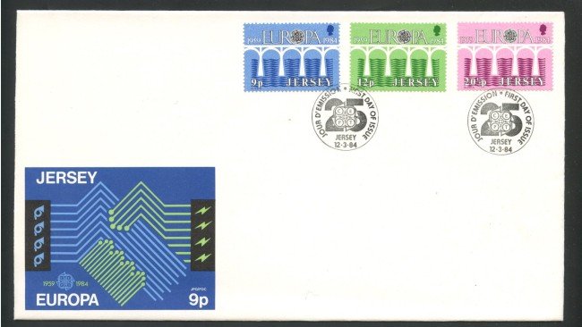 1984 - JERSEY - LOTTO/41795 - EUROPA 3v. - BUSTA FDC