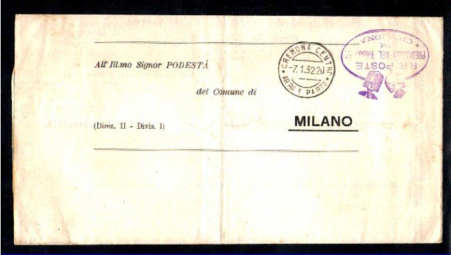 CREMONA - 1932 - LOTTO/323 - PIEGHEVOLE IN FRANCHIGIA PER MILANO