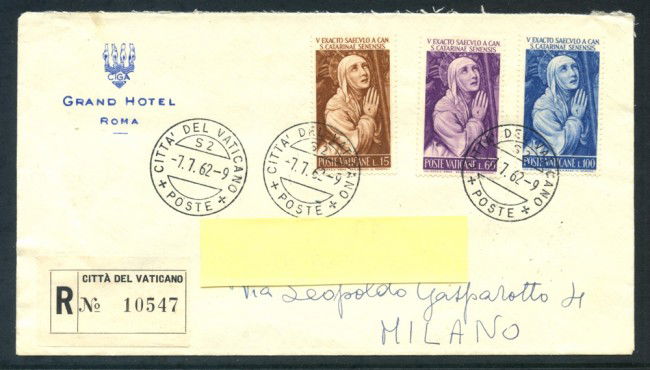 1962 - VATICANO - S. CATERINA DA SIENA 3v. - BUSTA RACCOMANDATA - LOTTO/25717