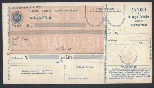 1903 - LOTTO/2489 - S.MARINO- CARTOLINA VAGLIA 5c.