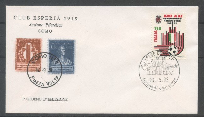 1992 - REPUBBLICA - MILAN CAMPIONE D'ITALIA - BUSTA FDC - LOTTO/31772