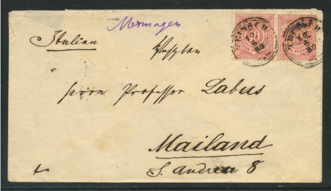 1880 - GERMANIA WURTTEMBERG - 10p. CIFRA COPPIA SU BUSTA PER MILANO - LOTTO/32136