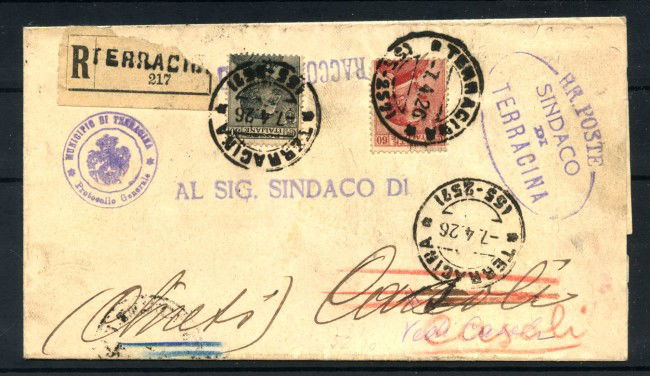 1926 - REGNO - LOTTO/43284 - BUSTA RACCOMANDATA DA TERRACINA A CARSOLI