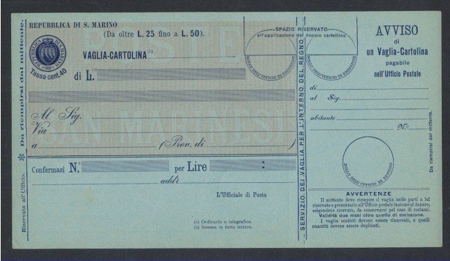 1903 - LOTTO/2491 - S. MARINO - CARTOLINA VAGLIA 40c.