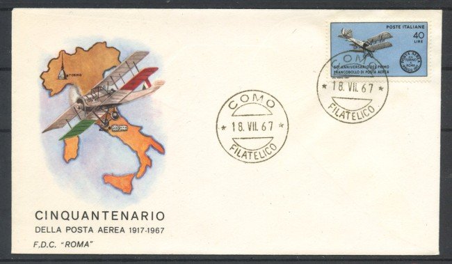 1967 - REPUBBLICA - LOTTO/39174 - PRIMO FRANCOBOLLO DI POSTA AEREA - FDC ROMA